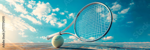 White tennis racket with a blue sky background, A 3D rendering of a tennis racket striking a tennis ball on a blue background