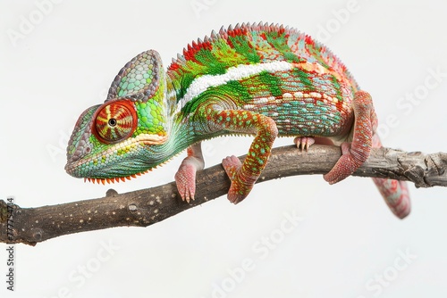 A green and red chameleon is perched on a branch photo