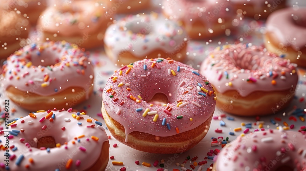 Composition of delicious sweet donuts in pink glaze. Fresh donuts in dessert glaze. Baking donuts on a white background. Fresh bakery. Fried donuts.