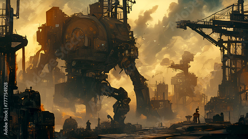 dystopian robot factory overlords and human, resistance a stark industrial complex, Generative AI 