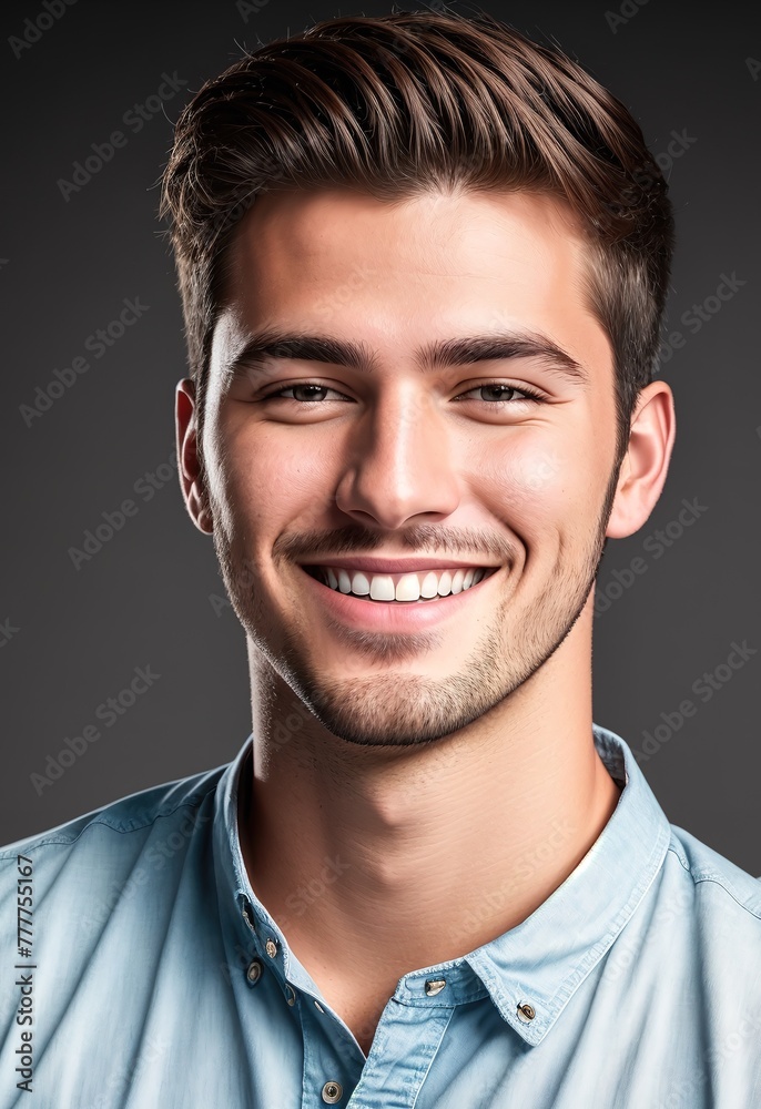 Obraz premium A young man with a beard smiling and wearing a blue shirt.