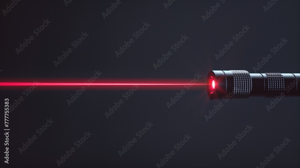 Red laser beam projecting from metal pointer against dark background - obrazy, fototapety, plakaty 
