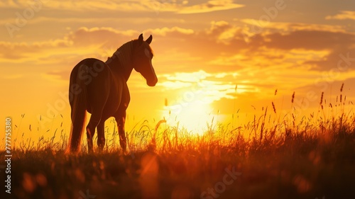 Silhouette of horse standing in field during golden sunset © Татьяна Макарова