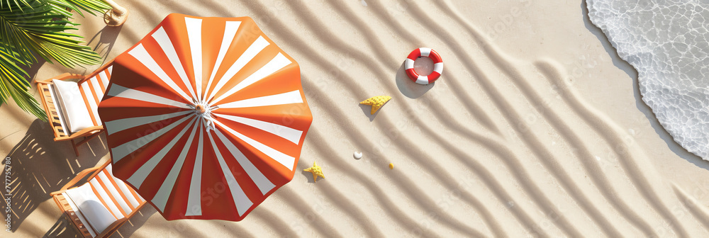3D render of a summer background with a beach umbrella, lounge chair and rubber ring on sand