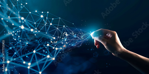 Fingers touching a glowing digital connection network  data transferring in the style of technology with a hand on a blue background. Concept of Digital transformation and next generation technology.