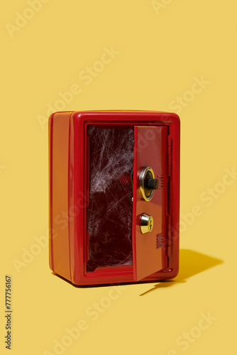 open red safe with spiderwebs inside