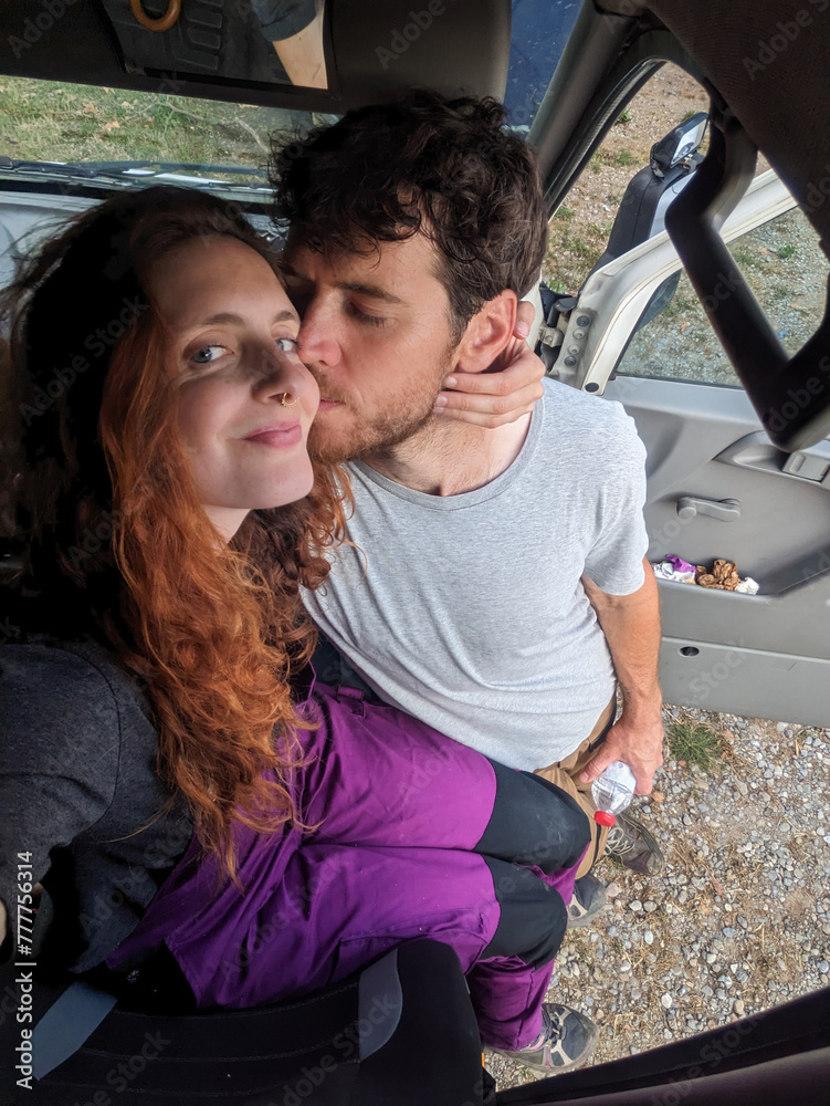UGC selfie kiss Happy couple travel van UGC selfie kiss Happy couple travel van