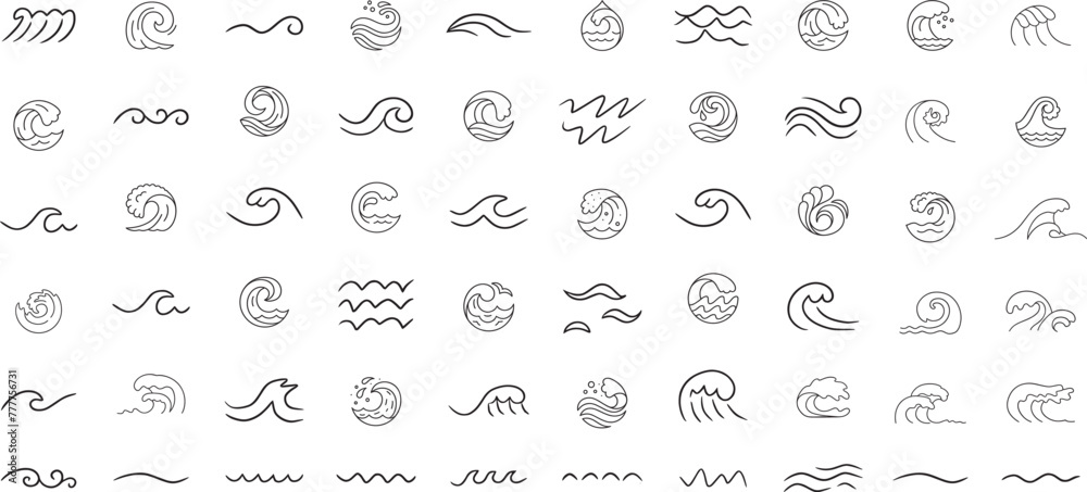 Water wave, sea wave set. Zigzag line. Water logo, symbol vector collection.