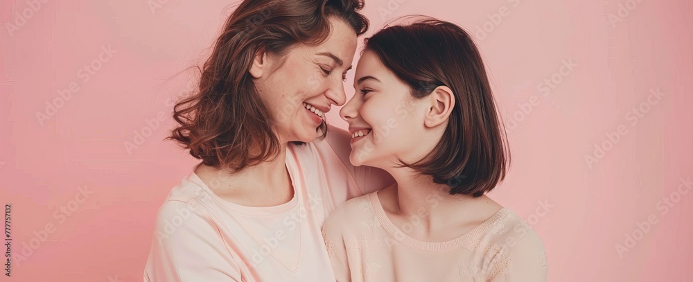Beautiful loving mother and daughter, hugging each other, wearing pink clothes with a pink ribbon, symbol of World Breast Cancer awareness. AI generated illustration
