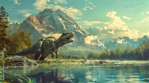 Majestic dinosaur by mountain lake at sunset