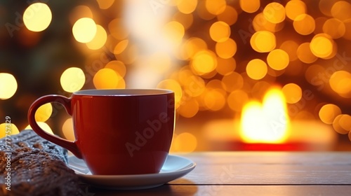 Mug of hot coffee or chocolate on wooden table on blurred city light background.