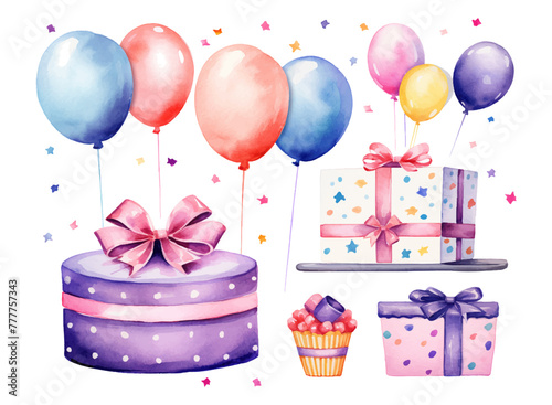 A set of illustration watercolor birthday party cliparts in pastel colors with gifts, cake, balloons, and ribbons