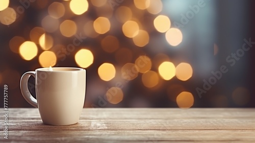 Mug of hot coffee or chocolate on wooden table on blurred city light background.