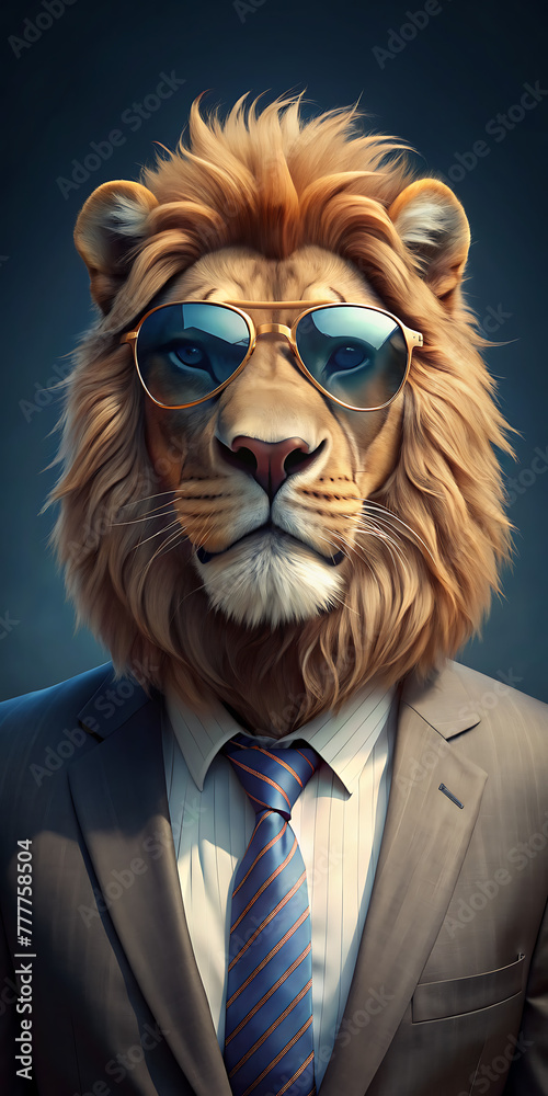 Lion in sunglasses and sharp suit with tie, stylish animal fashion
