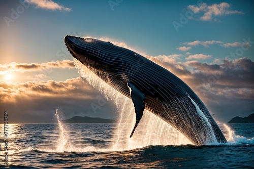 A humpback whale breaching the surface of the ocean at sunset. © Miklos