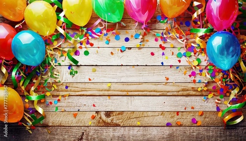 carnival or party frame featuring a lively arrangement of balloons, streamers, and confetti on a charming rustic wooden board, capturing the essence of celebration and joy