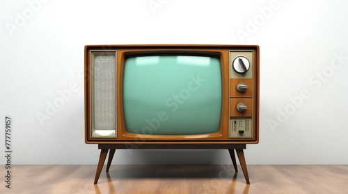 Old vintage television or tv on wooden table isolated on a white background.