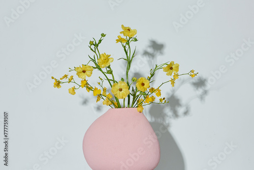 Bouquet yellow buttercups in a pink clay vase