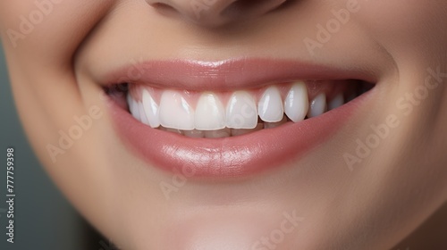 A close-up of a girl s lips with a charming smile  displaying her perfect teeth  Concept healthy teeth.