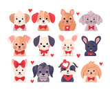 Cute cats and dogs doodle for valentine vector set. Cartoon dog or puppy kitten characters design collection with flat color in different poses. Set of funny pet animals isolated on white background.