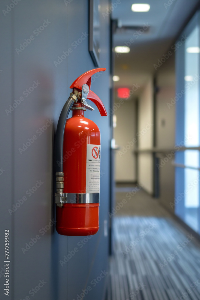 Readiness at rest A solitary fire extinguisher mounted on a gray office wall, corridor stretching behind. The image speaks to quiet preparedness. Readiness at rest A solitary fire extinguisher mounted on a gray office wall, corridor stretching behind. The image speaks to quiet preparedness.