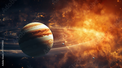 planet Jupiter in front of the Milky Way galaxy and the Sun