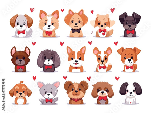 Cute cats and dogs doodle for valentine vector set. Cartoon dog or puppy kitten characters design collection with flat color in different poses. Set of funny pet animals isolated on white background.
