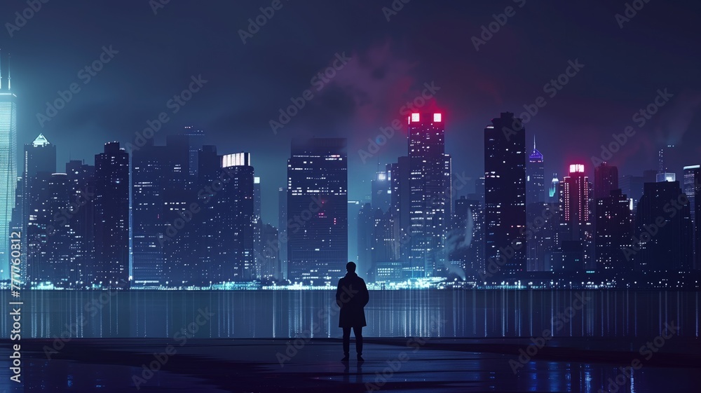 Silhouette of person standing before futuristic city skyline at night with neon lights Silhouette of person standing before futuristic city skyline at night with neon lights