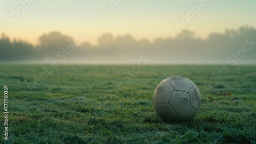 Worn soccer ball sits on dewy field with morning mist in background