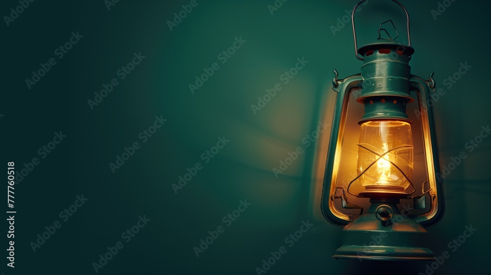 Vintage lantern glowing warmly against dark, teal background, casting soft light and shadows