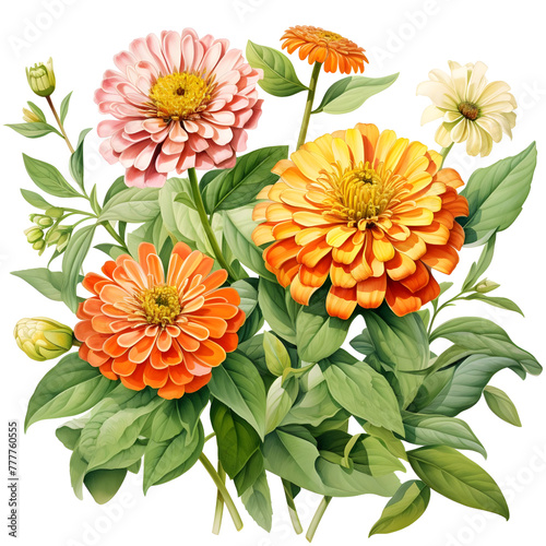 Zinnia illustration, watercolor, white background © Jareerut