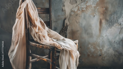 Old wooden chair with cream draped cloth against worn, textured concrete wall in rustic setting