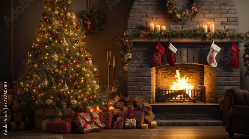 Celebrate the magic of Christmas with a festive living room, adorned with a decorated tree, a roaring fireplace, and an abundance of gifts.