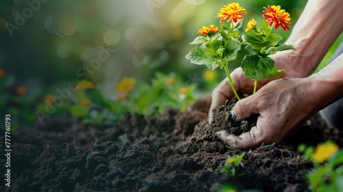 Hands planting flowers in soil with sunlight filtering through greenery