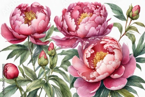 A beautiful blend of color and texture in the watercolor painting of peonies against a light neutral backdrop.