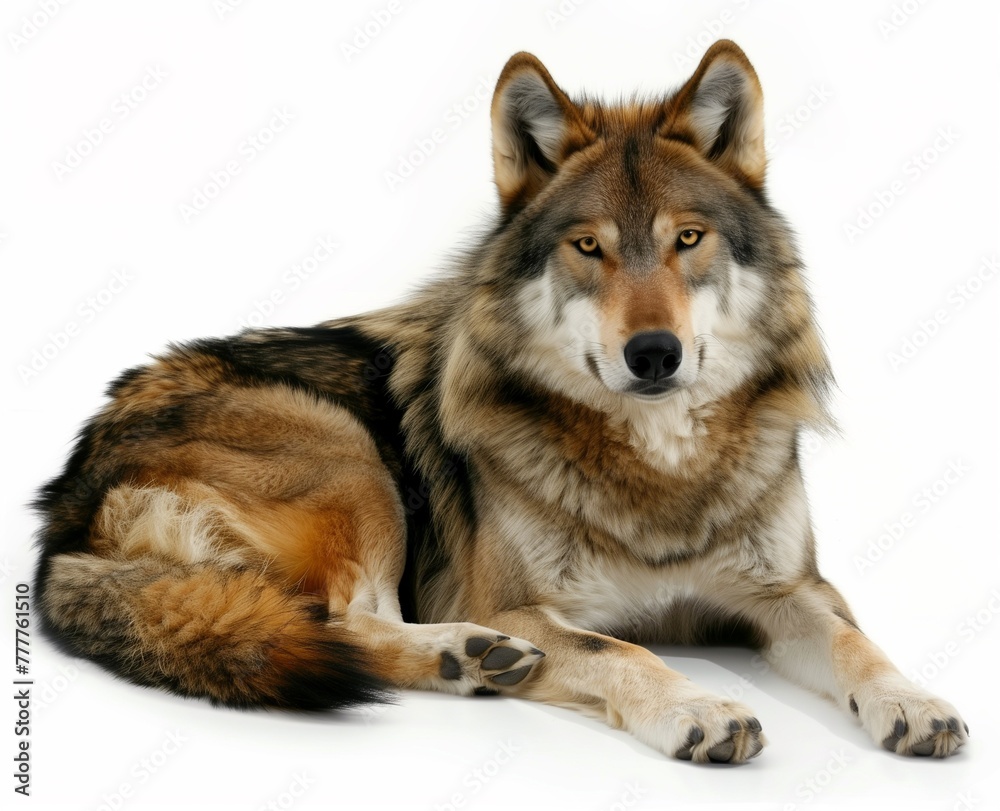 Lone Guardian: A Photorealistic Portrait of a Gray Wolf Resting Against a White Background