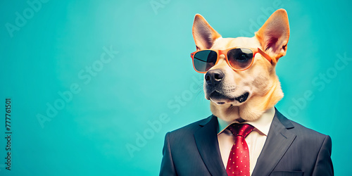 Dog in sunglasses and dapper suit with tie, trendy animal fashion © misho
