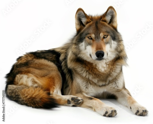 Lone Guardian  A Photorealistic Portrait of a Gray Wolf Resting Against a White Background