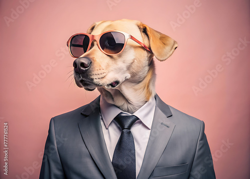 Dog in sunglasses and dapper suit with tie, trendy animal fashion © miha