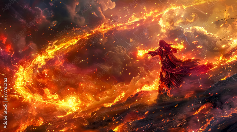 Fototapeta premium Fiery fantasy sorcerer conjuring a maelstrom of flames
