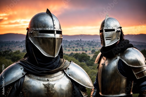 Two knights in armor standing in a field at sunset.