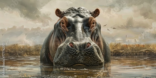 Large hippo half submerged in the river looking towards the viewer, close up, portrait, safari, animals, background, wallpaper.
