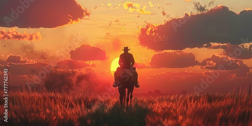 Lone cowboy with his horse at sunset with his back to the viewer, incredible landscape, background, wallpaper.