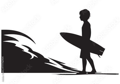 A set of high quality detailed silhouettes of a surfer surfing the waves on his surfboard photo