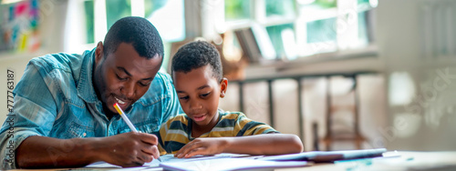 An adult black male father helps his boy son do his homework at the table in a bright room. Relationship between parents and children. Home online learning. Banner. Copy space photo