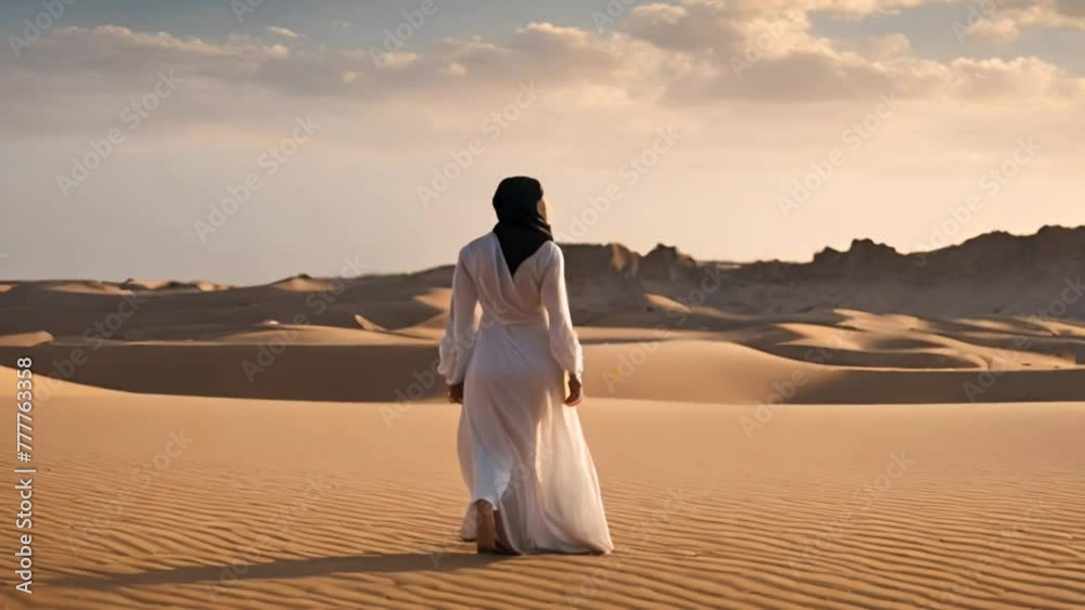 silhouette of an arabic woman walking on the sand dunes in desert in the sunset