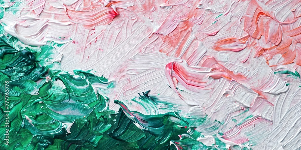Rough abstract background colored with green, pink and white in acrylic brush strokes. Acrylic or oil painting in green, pink and white on canvas.