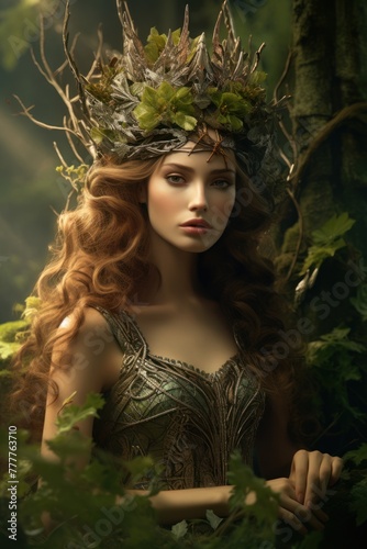 Captivating forest nymph, her long hair adorned with a wreath of herbs, embodies natural elegance.