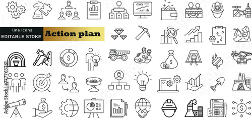 Action plan web icon set in line style. Schedule, plan, implementation, strategy, analysis, collaboration, check, collection. Vector illustration.