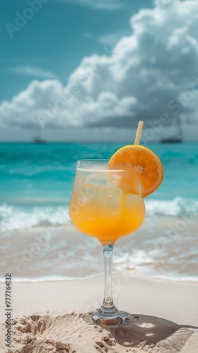 A glass of a drink with an orange slice on the beach, AI